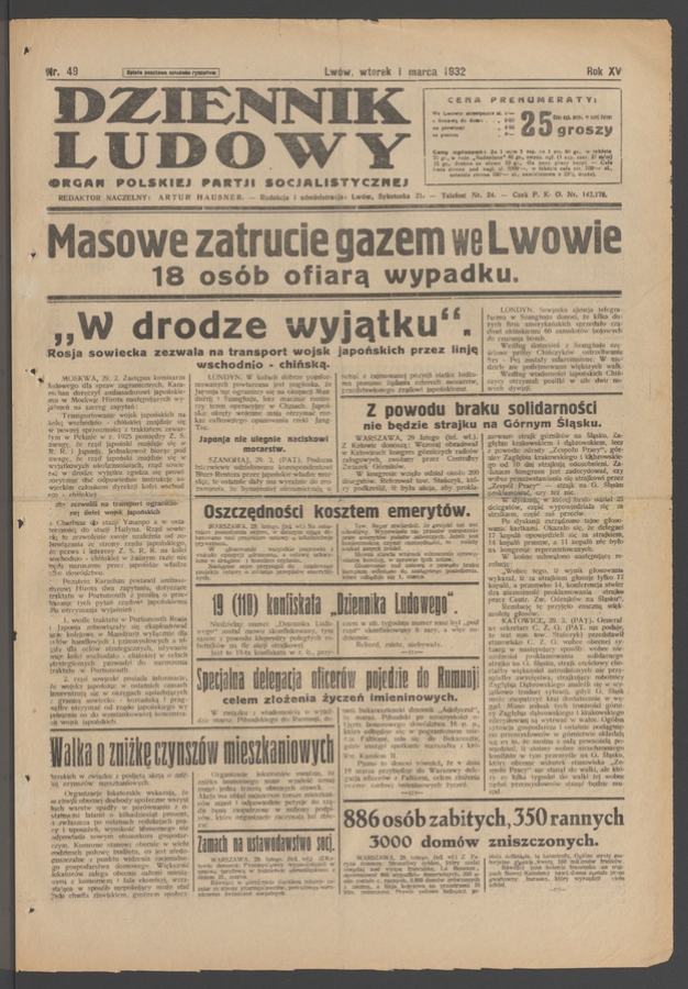 Dziennik Ludowy&nbsp;: organ Polskiej Partji Socjalistycznej. Rok&nbsp;15, 1932, numer&nbsp;49