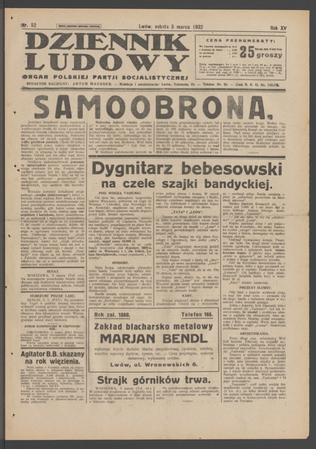 Dziennik Ludowy&nbsp;: organ Polskiej Partji Socjalistycznej. Rok&nbsp;15, 1932, numer&nbsp;52