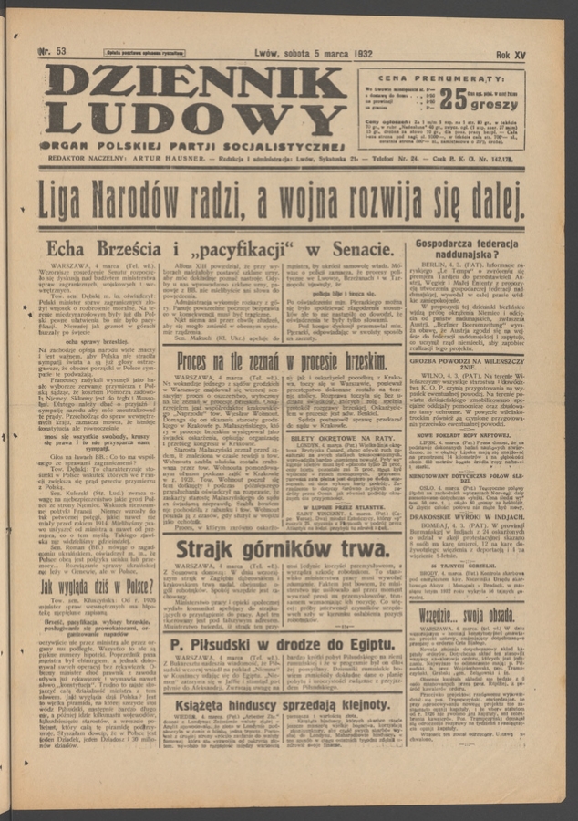 Dziennik Ludowy&nbsp;: organ Polskiej Partji Socjalistycznej. Rok&nbsp;15, 1932, numer&nbsp;53