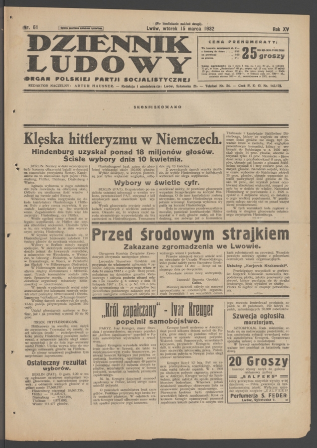 Dziennik Ludowy&nbsp;: organ Polskiej Partji Socjalistycznej. Rok&nbsp;15, 1932, numer&nbsp;61 (po&nbsp;konfiskacie nakład drugi)