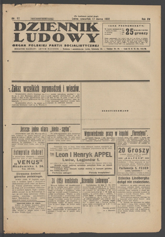 Dziennik Ludowy&nbsp;: organ Polskiej Partji Socjalistycznej. Rok&nbsp;15, 1932, numer&nbsp;62 (po&nbsp;konfiskacie nakład drugi)