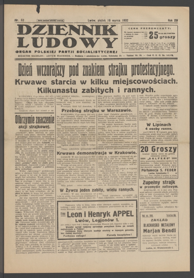 Dziennik Ludowy&nbsp;: organ Polskiej Partji Socjalistycznej. Rok&nbsp;15, 1932, numer&nbsp;63