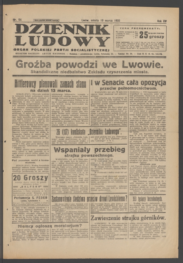 Dziennik Ludowy&nbsp;: organ Polskiej Partji Socjalistycznej. Rok&nbsp;15, 1932, numer&nbsp;64
