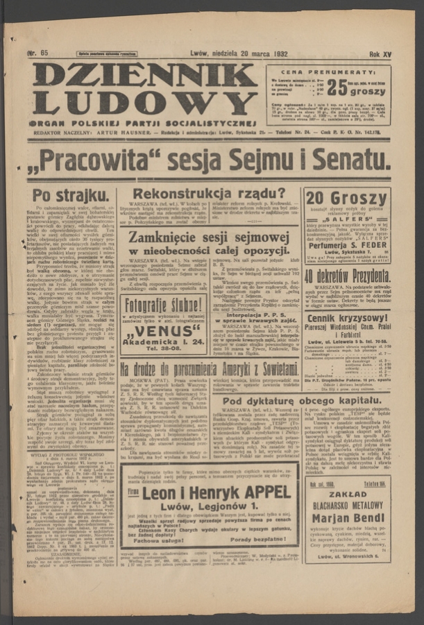 Dziennik Ludowy&nbsp;: organ Polskiej Partji Socjalistycznej. Rok&nbsp;15, 1932, numer&nbsp;65