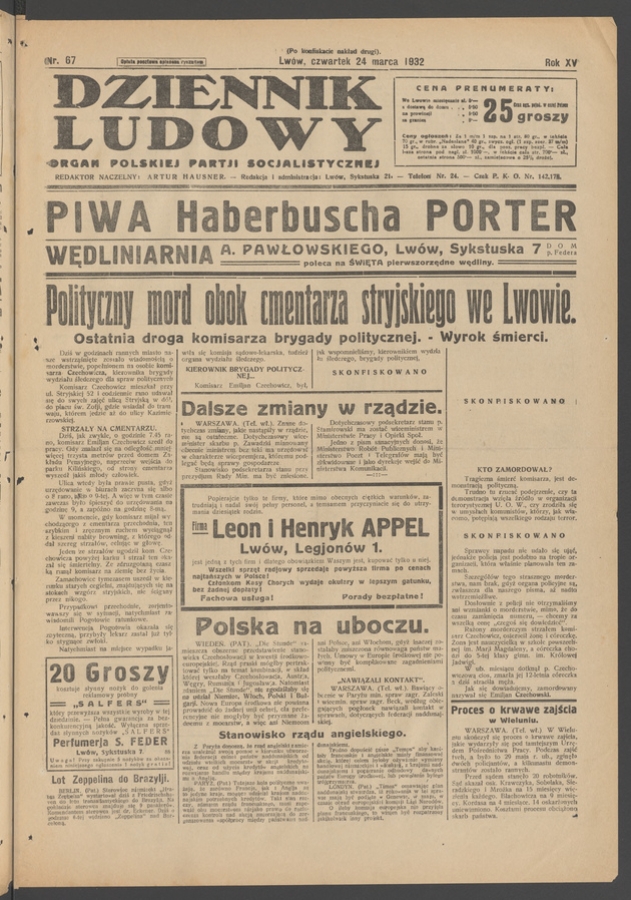 Dziennik Ludowy&nbsp;: organ Polskiej Partji Socjalistycznej. Rok&nbsp;15, 1932, numer&nbsp;67 (po&nbsp;konfiskacie nakład drugi)