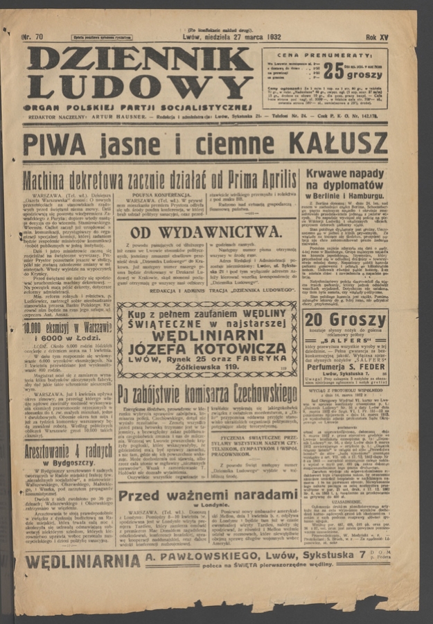 Dziennik Ludowy&nbsp;: organ Polskiej Partji Socjalistycznej. Rok&nbsp;15, 1932, numer&nbsp;70 (po&nbsp;konfiskacie nakład drugi)