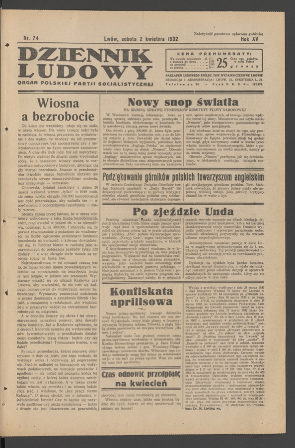 Dziennik Ludowy&nbsp;: organ Polskiej Partji Socjalistycznej. Rok&nbsp;15, 1932, numer&nbsp;74
