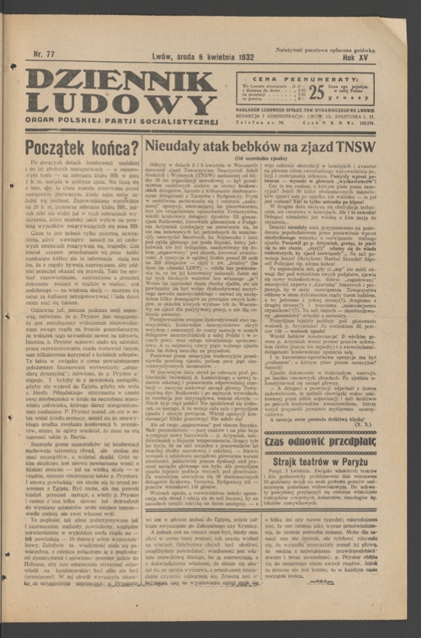 Dziennik Ludowy&nbsp;: organ Polskiej Partji Socjalistycznej. Rok&nbsp;15, 1932, numer&nbsp;77