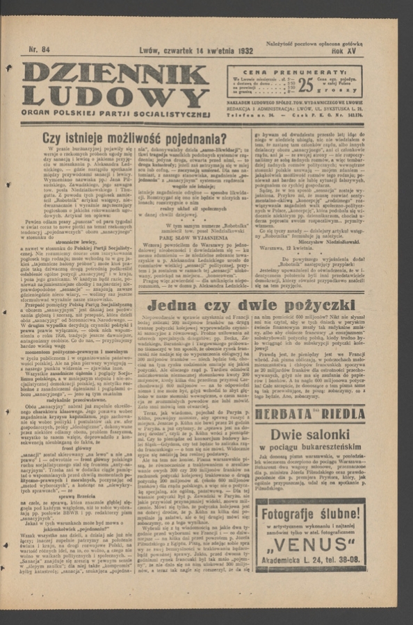 Dziennik Ludowy&nbsp;: organ Polskiej Partji Socjalistycznej. Rok&nbsp;15, 1932, numer&nbsp;84