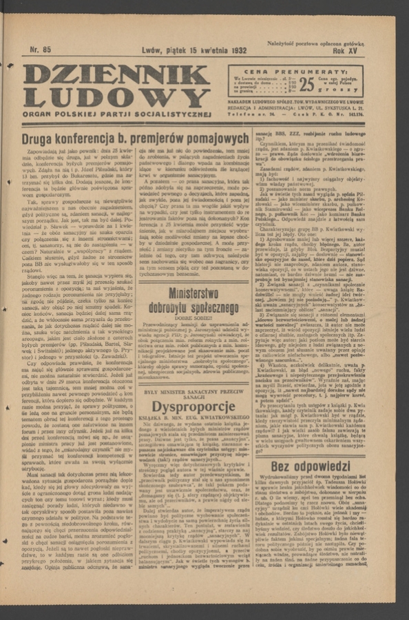 Dziennik Ludowy&nbsp;: organ Polskiej Partji Socjalistycznej. Rok&nbsp;15, 1932, numer&nbsp;85