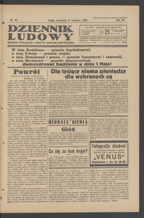 Dziennik Ludowy&nbsp;: organ Polskiej Partji Socjalistycznej. Rok&nbsp;15, 1932, numer&nbsp;87