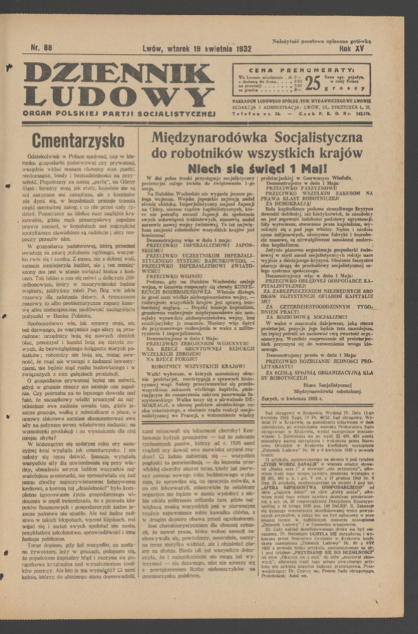 Dziennik Ludowy&nbsp;: organ Polskiej Partji Socjalistycznej. Rok&nbsp;15, 1932, numer&nbsp;88