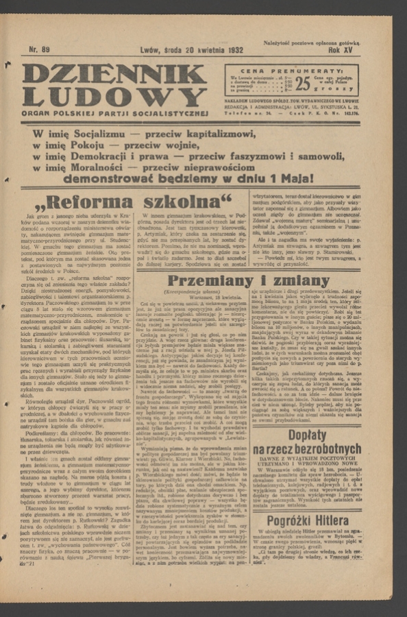 Dziennik Ludowy&nbsp;: organ Polskiej Partji Socjalistycznej. Rok&nbsp;15, 1932, numer&nbsp;89