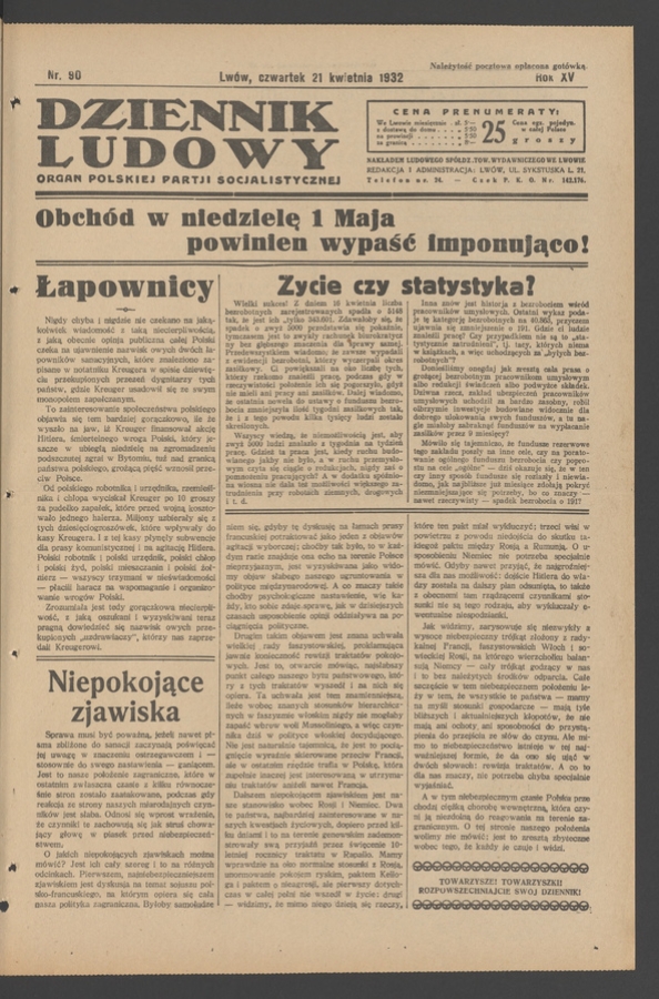 Dziennik Ludowy&nbsp;: organ Polskiej Partji Socjalistycznej. Rok&nbsp;15, 1932, numer&nbsp;90
