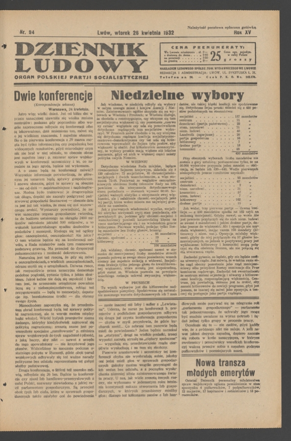 Dziennik Ludowy&nbsp;: organ Polskiej Partji Socjalistycznej. Rok&nbsp;15, 1932, numer&nbsp;94