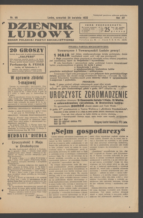Dziennik Ludowy&nbsp;: organ Polskiej Partji Socjalistycznej. Rok&nbsp;15, 1932, numer&nbsp;96
