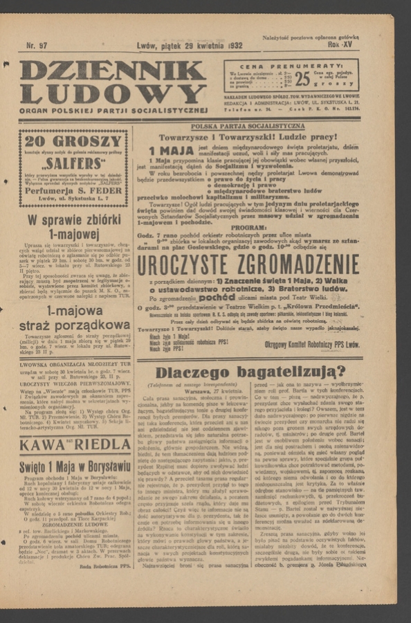 Dziennik Ludowy&nbsp;: organ Polskiej Partji Socjalistycznej. Rok&nbsp;15, 1932, numer&nbsp;97
