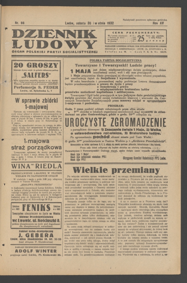 Dziennik Ludowy&nbsp;: organ Polskiej Partji Socjalistycznej. Rok&nbsp;15, 1932, numer&nbsp;98
