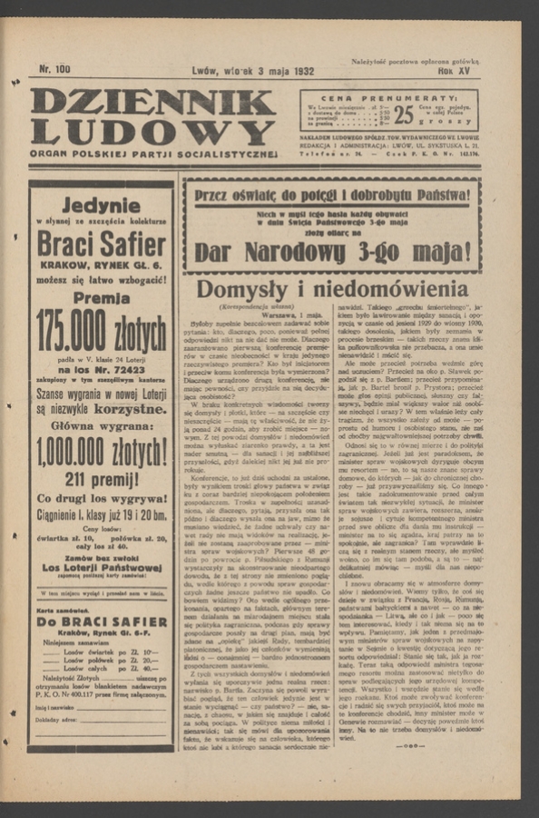 Dziennik Ludowy&nbsp;: organ Polskiej Partji Socjalistycznej. Rok&nbsp;15, 1932, numer&nbsp;100