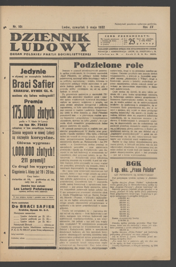 Dziennik Ludowy&nbsp;: organ Polskiej Partji Socjalistycznej. Rok&nbsp;15, 1932, numer&nbsp;101