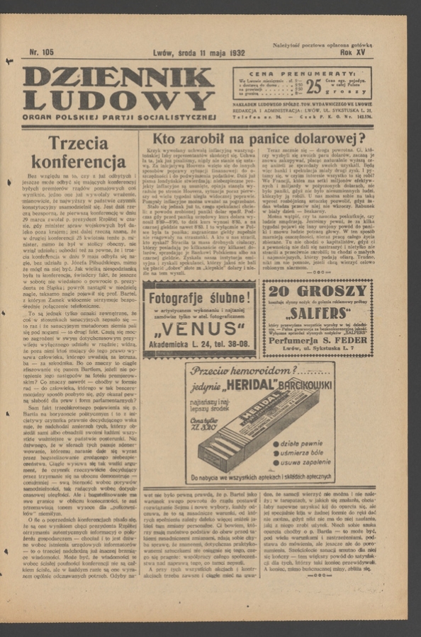 Dziennik Ludowy&nbsp;: organ Polskiej Partji Socjalistycznej. Rok&nbsp;15, 1932, numer&nbsp;105