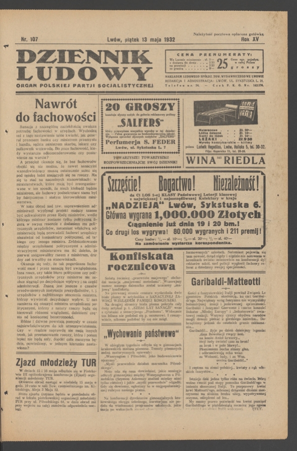 Dziennik Ludowy&nbsp;: organ Polskiej Partji Socjalistycznej. Rok&nbsp;15, 1932, numer&nbsp;107