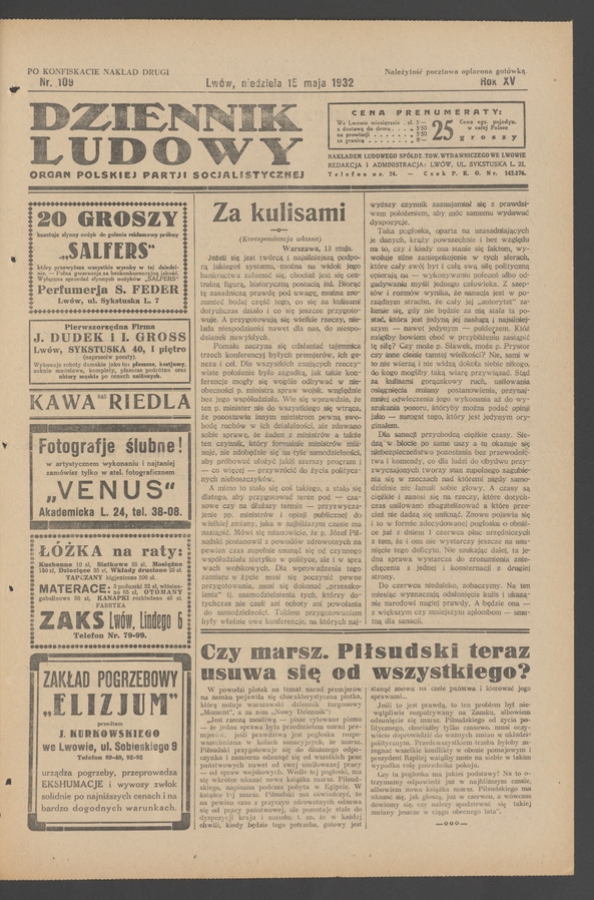 Dziennik Ludowy&nbsp;: organ Polskiej Partji Socjalistycznej. Rok&nbsp;15, 1932, numer&nbsp;109 (po&nbsp;konfiskacie nakład drugi)