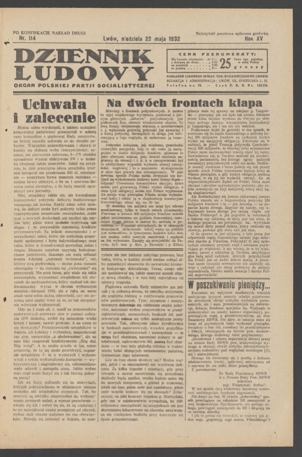 Dziennik Ludowy&nbsp;: organ Polskiej Partji Socjalistycznej. Rok&nbsp;15, 1932, numer&nbsp;114 (po&nbsp;konfiskacie nakład drugi)