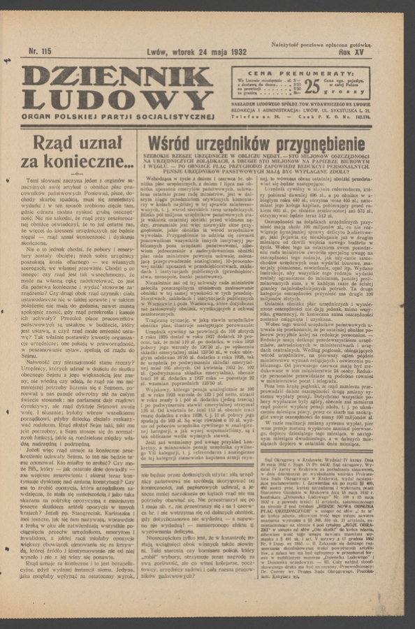 Dziennik Ludowy&nbsp;: organ Polskiej Partji Socjalistycznej. Rok&nbsp;15, 1932, numer&nbsp;115