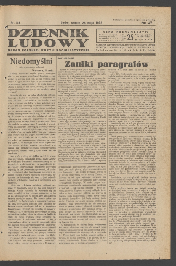 Dziennik Ludowy&nbsp;: organ Polskiej Partji Socjalistycznej. Rok&nbsp;15, 1932, numer&nbsp;118