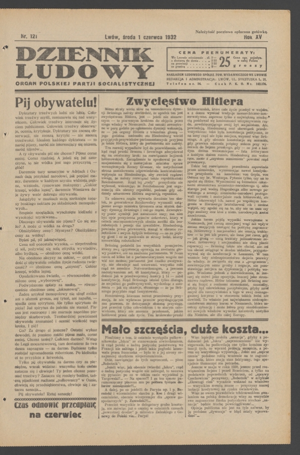 Dziennik Ludowy&nbsp;: organ Polskiej Partji Socjalistycznej. Rok&nbsp;15, 1932, numer&nbsp;121