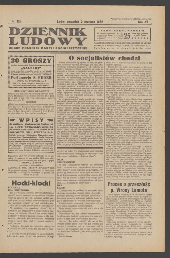 Dziennik Ludowy&nbsp;: organ Polskiej Partji Socjalistycznej. Rok&nbsp;15, 1932, numer&nbsp;122
