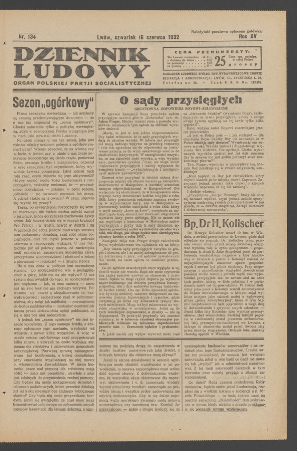Dziennik Ludowy&nbsp;: organ Polskiej Partji Socjalistycznej. Rok&nbsp;15, 1932, numer&nbsp;134