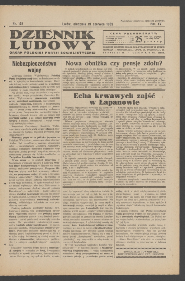 Dziennik Ludowy&nbsp;: organ Polskiej Partji Socjalistycznej. Rok&nbsp;15, 1932, numer&nbsp;137