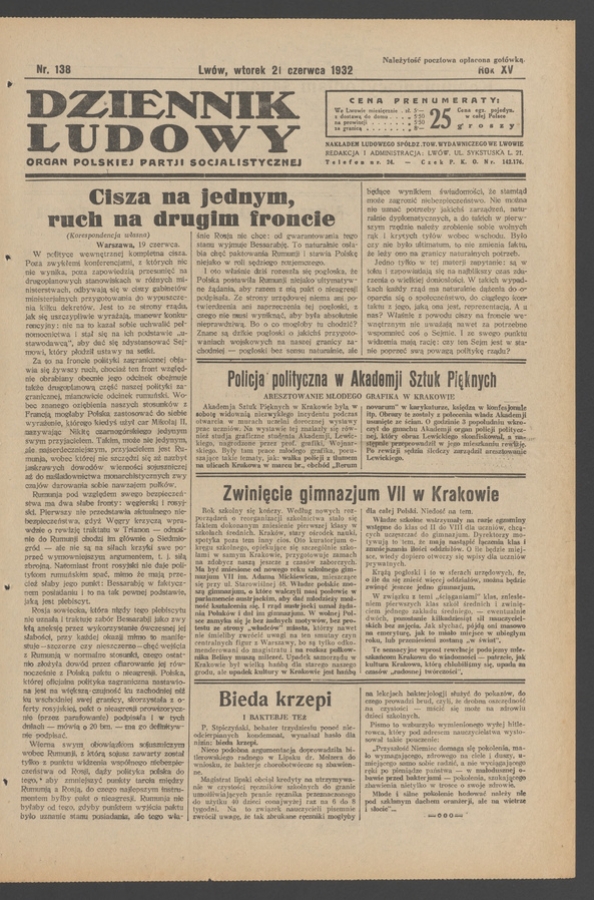 Dziennik Ludowy&nbsp;: organ Polskiej Partji Socjalistycznej. Rok&nbsp;15, 1932, numer&nbsp;138