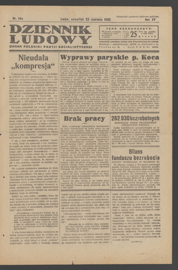 Dziennik Ludowy&nbsp;: organ Polskiej Partji Socjalistycznej. Rok&nbsp;15, 1932, numer&nbsp;140
