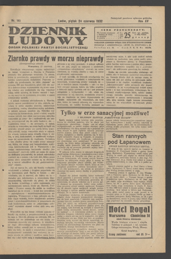 Dziennik Ludowy&nbsp;: organ Polskiej Partji Socjalistycznej. Rok&nbsp;15, 1932, numer&nbsp;141