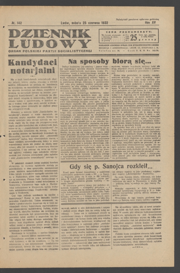 Dziennik Ludowy&nbsp;: organ Polskiej Partji Socjalistycznej. Rok&nbsp;15, 1932, numer&nbsp;142