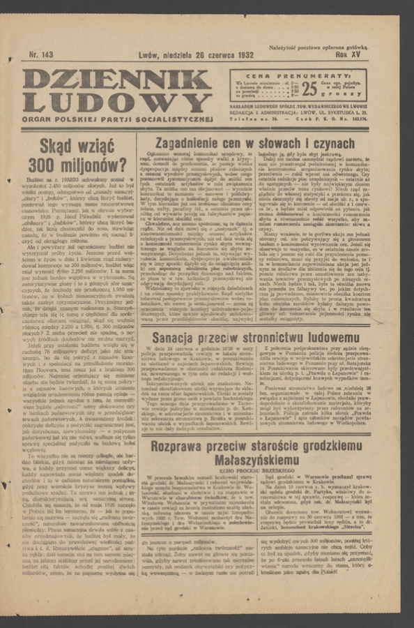 Dziennik Ludowy&nbsp;: organ Polskiej Partji Socjalistycznej. Rok&nbsp;15, 1932, numer&nbsp;143