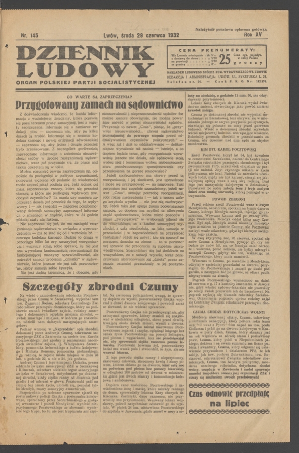 Dziennik Ludowy&nbsp;: organ Polskiej Partji Socjalistycznej. Rok&nbsp;15, 1932, numer&nbsp;145
