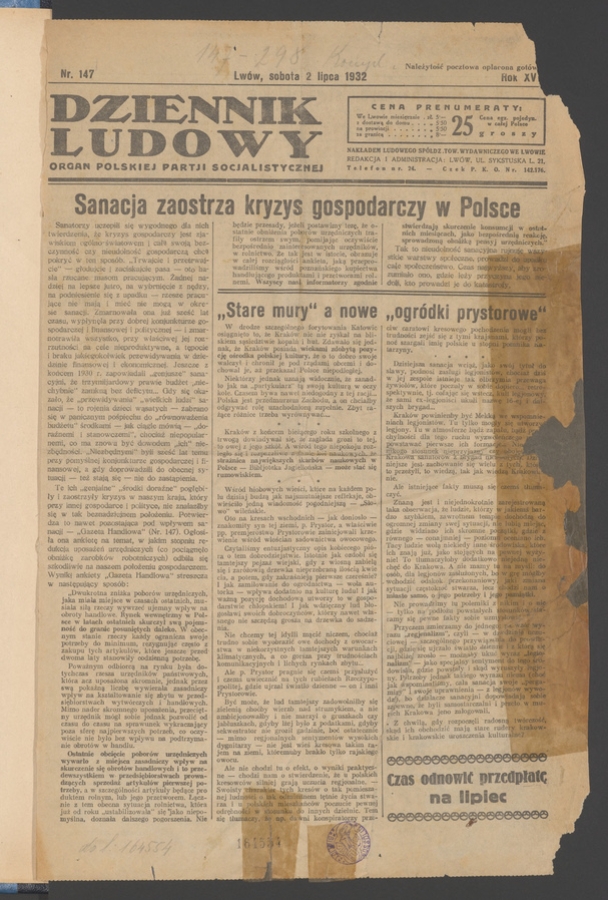 Dziennik Ludowy&nbsp;: organ Polskiej Partji Socjalistycznej. Rok&nbsp;15, 1932, numer&nbsp;147