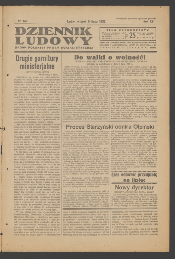 Dziennik Ludowy&nbsp;: organ Polskiej Partji Socjalistycznej. Rok&nbsp;15, 1932, numer&nbsp;149