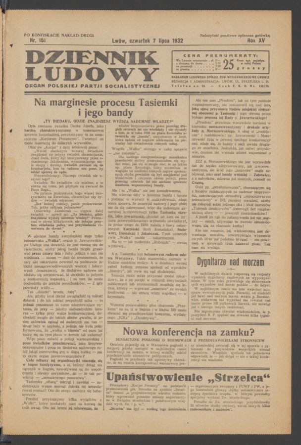 Dziennik Ludowy&nbsp;: organ Polskiej Partji Socjalistycznej. Rok&nbsp;15, 1932, numer&nbsp;151 (po&nbsp;konfiskacie nakład drugi)