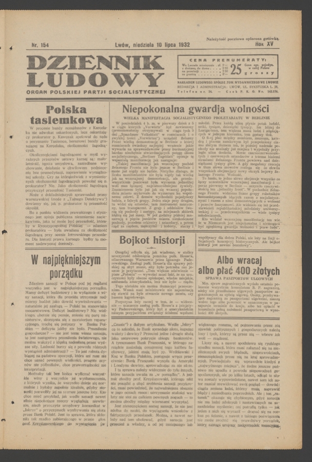 Dziennik Ludowy&nbsp;: organ Polskiej Partji Socjalistycznej. Rok&nbsp;15, 1932, numer&nbsp;154