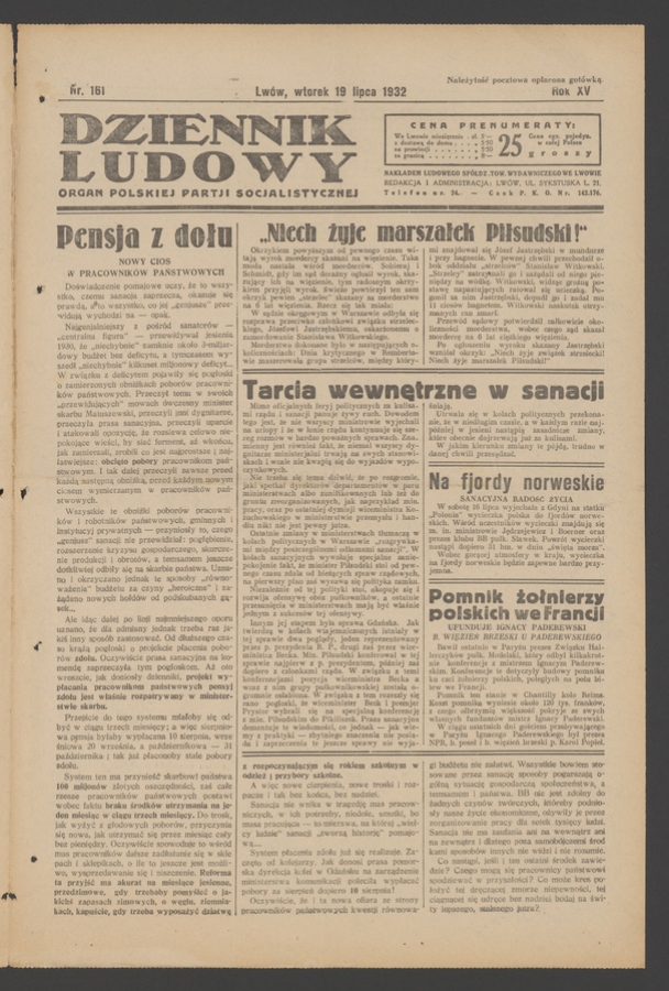 Dziennik Ludowy&nbsp;: organ Polskiej Partji Socjalistycznej. Rok&nbsp;15, 1932, numer&nbsp;161