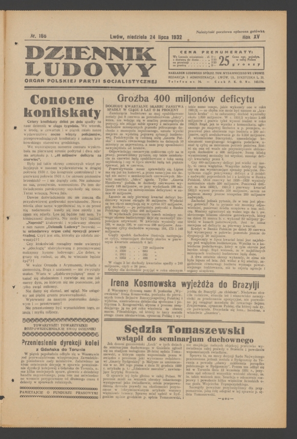 Dziennik Ludowy&nbsp;: organ Polskiej Partji Socjalistycznej. Rok&nbsp;15, 1932, numer&nbsp;166