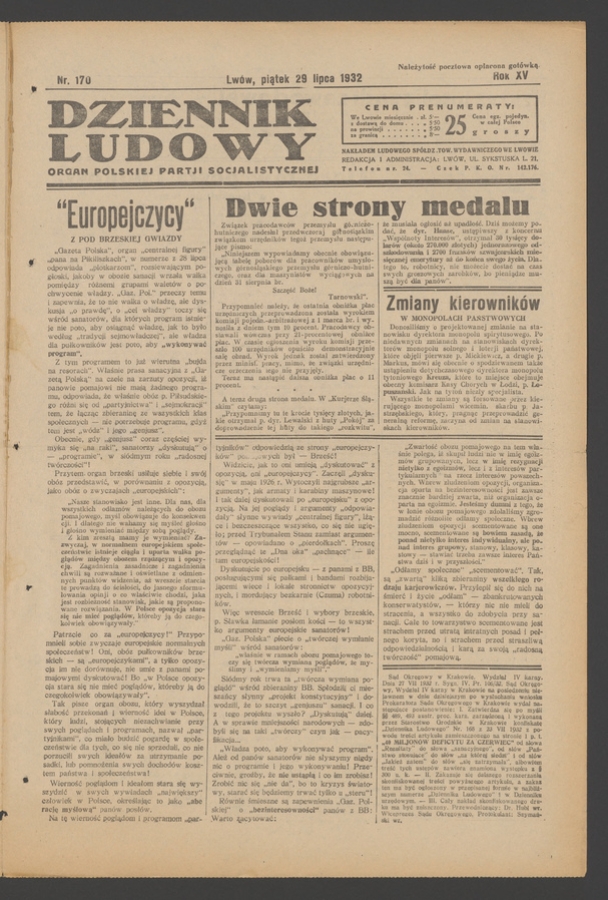Dziennik Ludowy&nbsp;: organ Polskiej Partji Socjalistycznej. Rok&nbsp;15, 1932, numer&nbsp;170