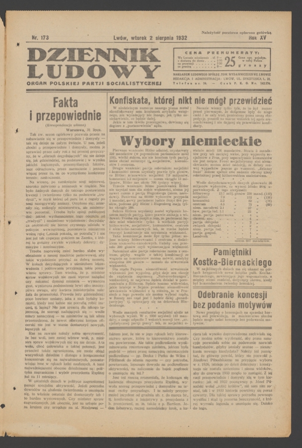 Dziennik Ludowy&nbsp;: organ Polskiej Partji Socjalistycznej. Rok&nbsp;15, 1932, numer&nbsp;173