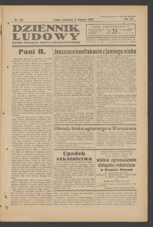 Dziennik Ludowy&nbsp;: organ Polskiej Partji Socjalistycznej. Rok&nbsp;15, 1932, numer&nbsp;175