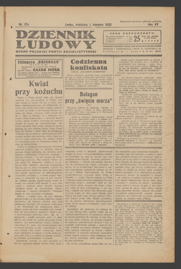 Dziennik Ludowy&nbsp;: organ Polskiej Partji Socjalistycznej. Rok&nbsp;15, 1932, numer&nbsp;178